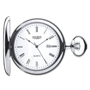 Silver pocket watch with white face and Roman numerals on a white background