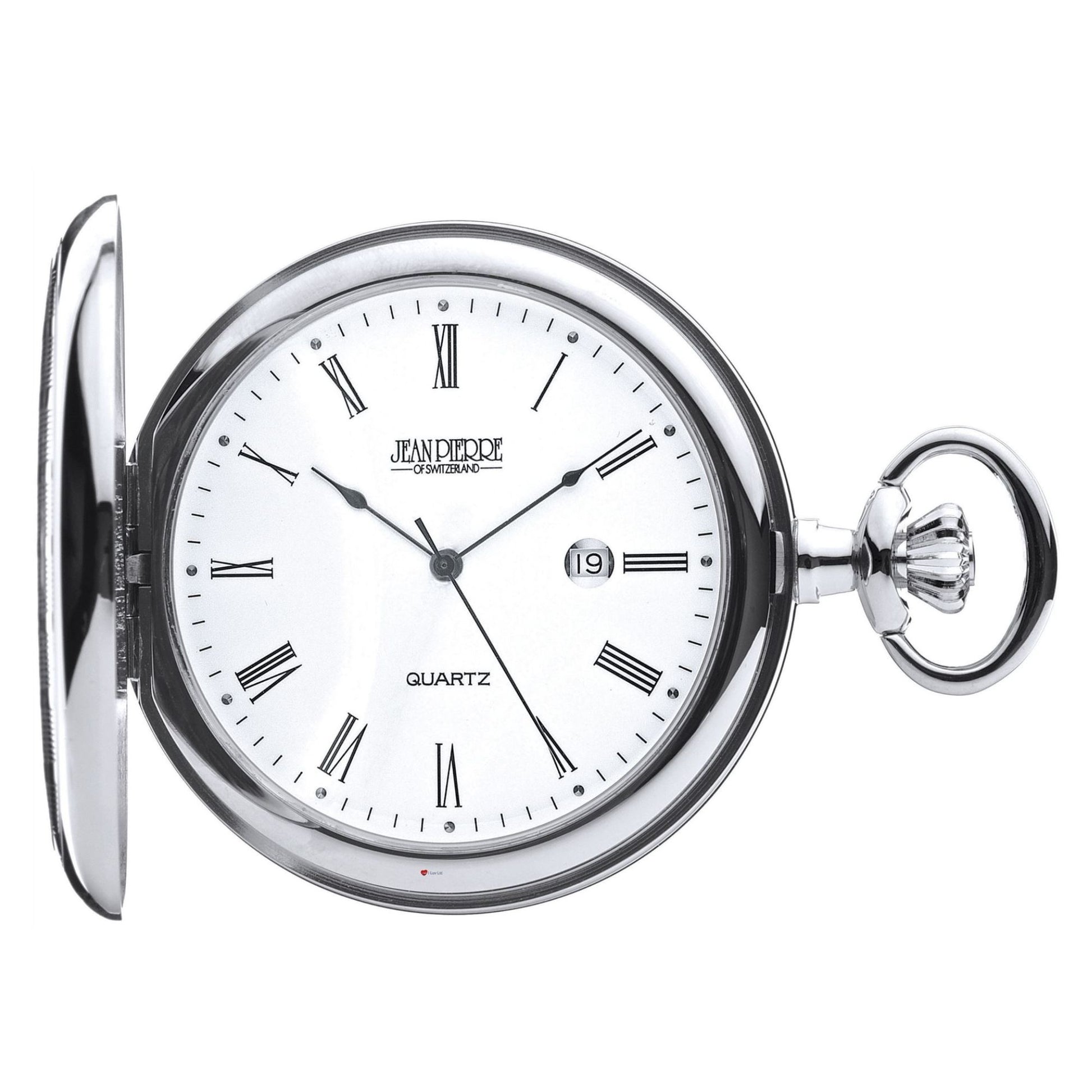 Silver pocket watch with white face and Roman numerals on a white background