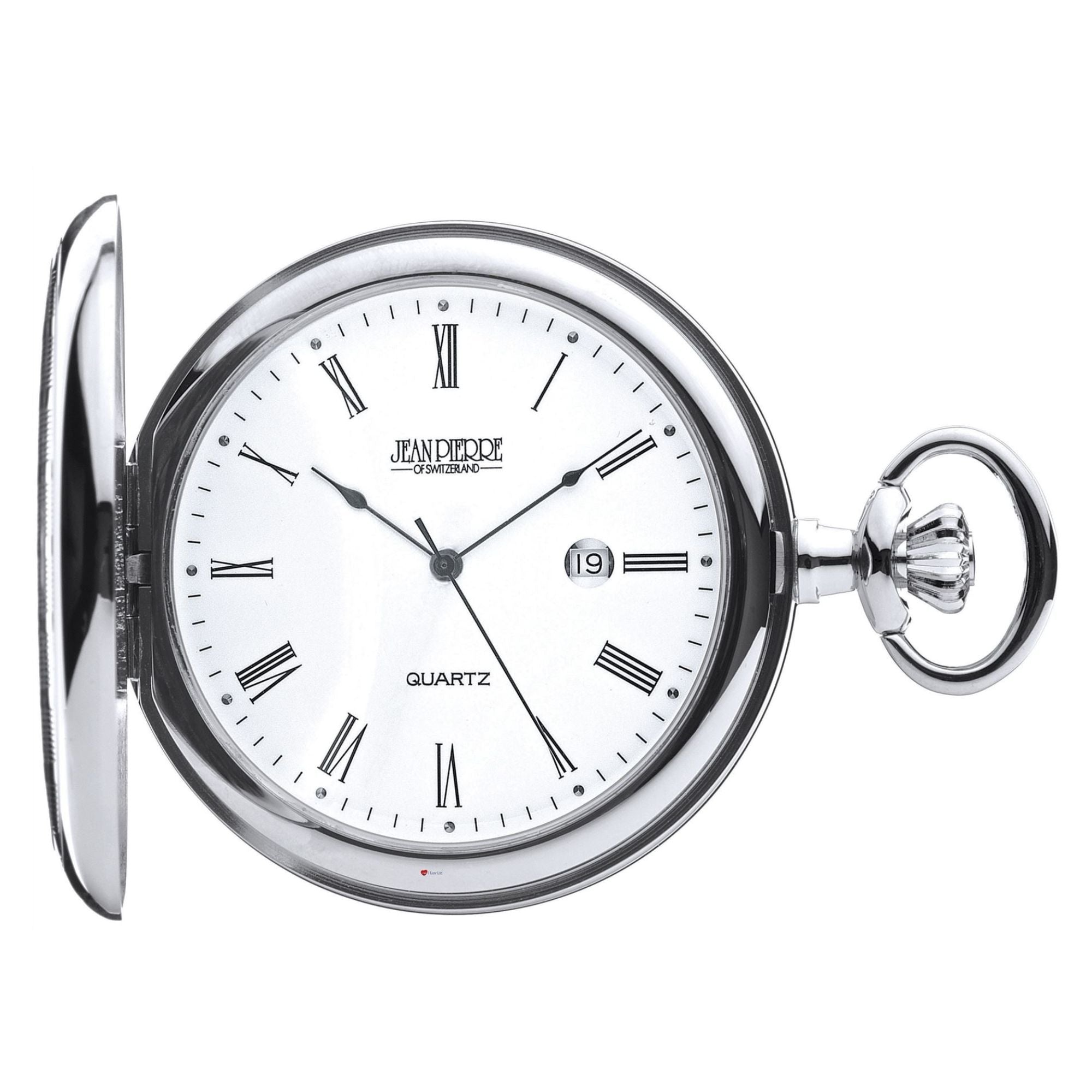 Silver pocket watch with white face and Roman numerals on a white background
