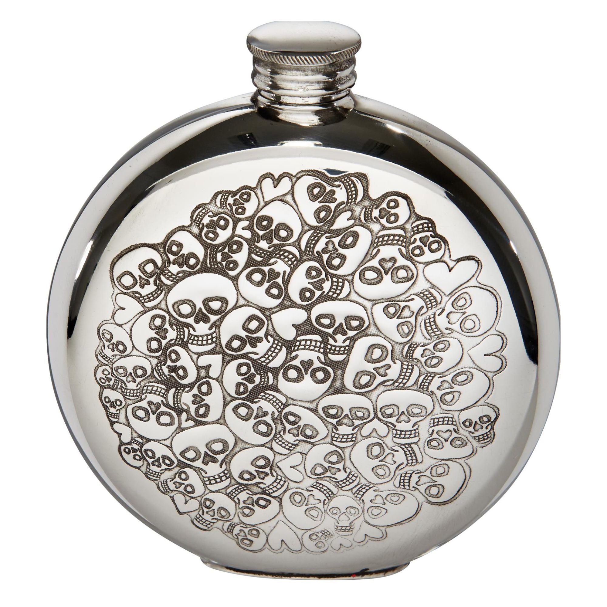 Round silver flask with skull design on a white background