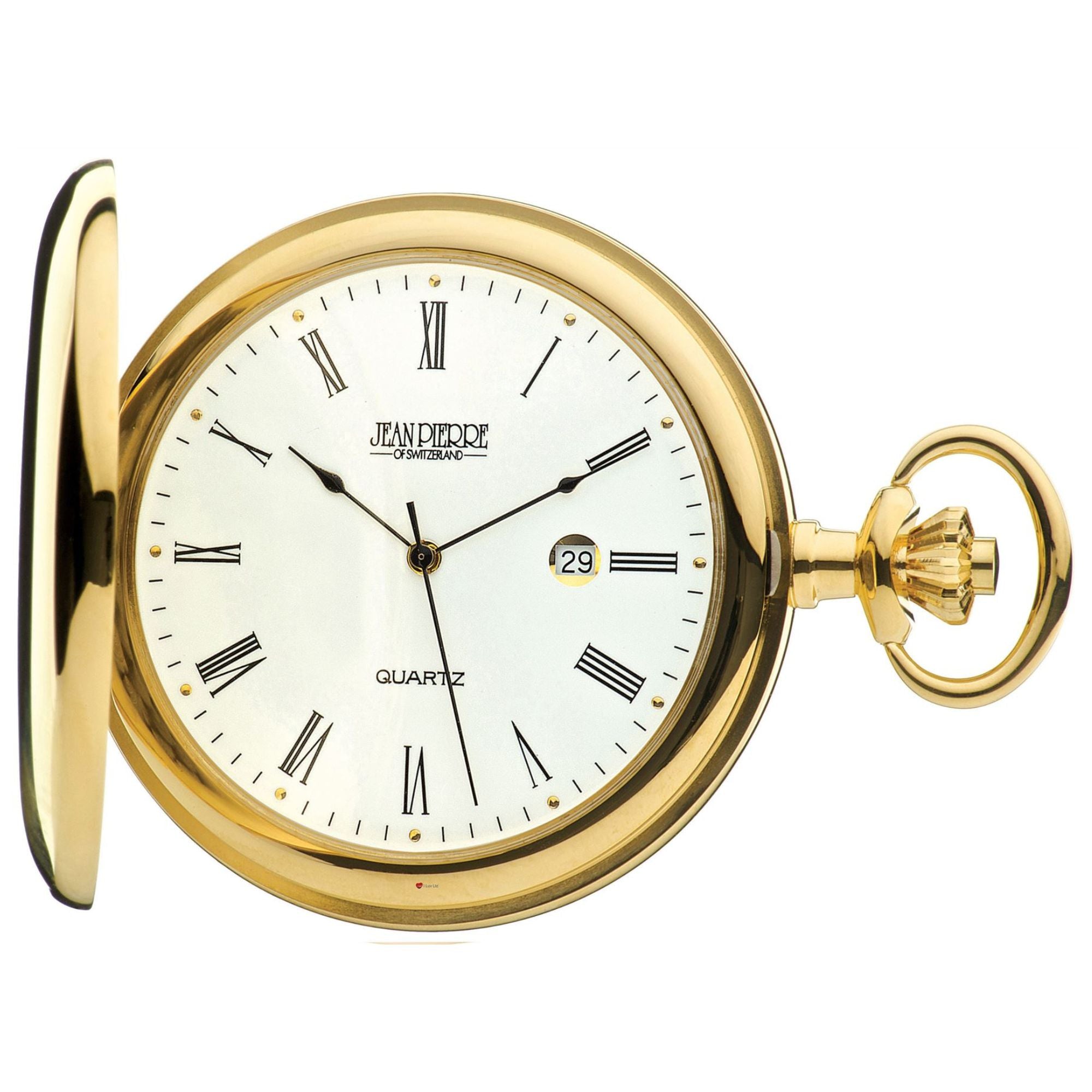 Gold pocket watch with white face and Roman numerals on a white background