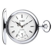 Silver pocket watch with white face and Roman numerals on a white background