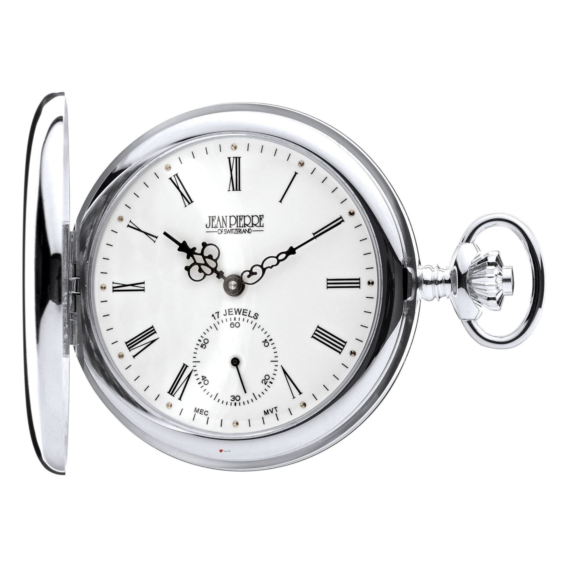 Silver pocket watch with white face and Roman numerals on a white background