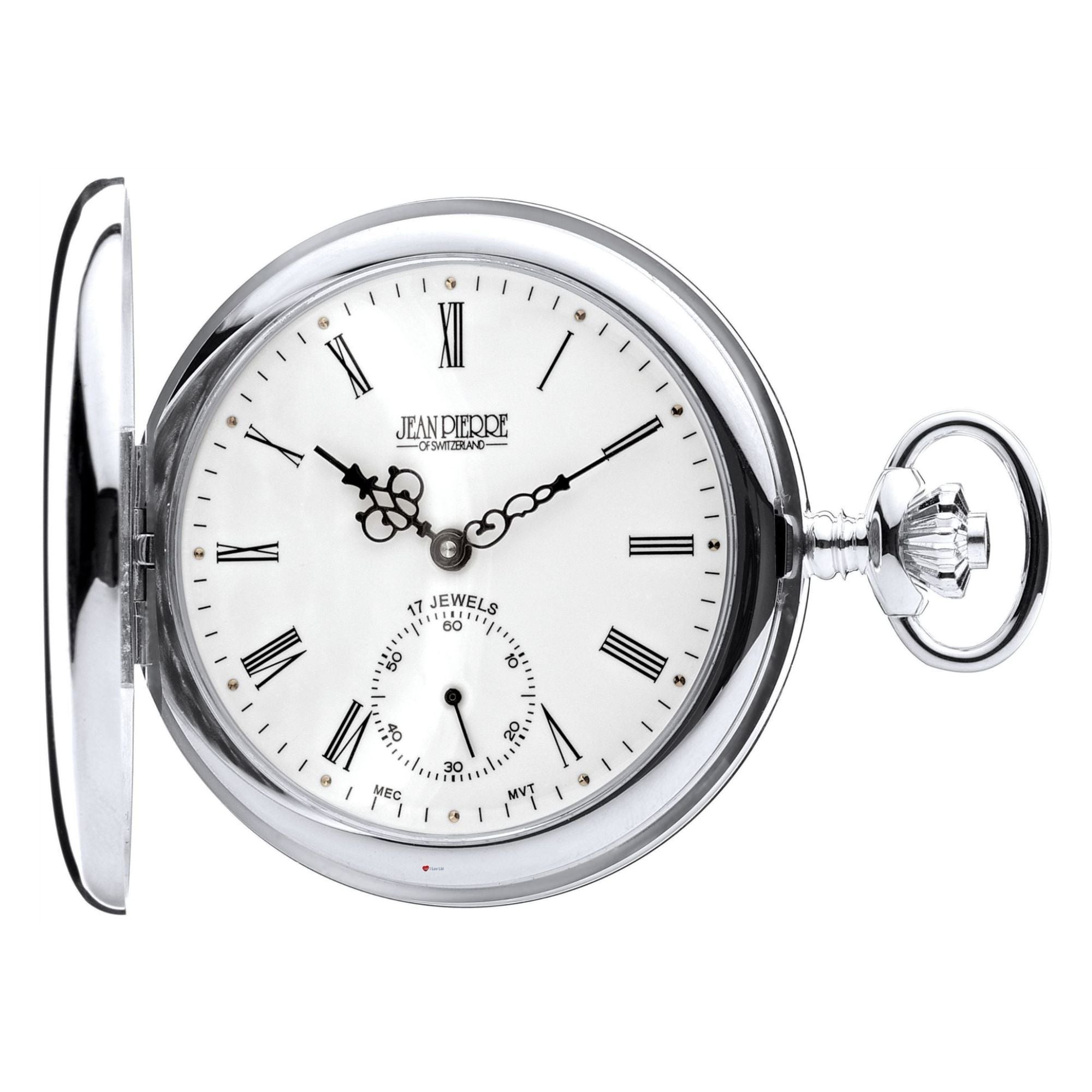Silver pocket watch with white face and Roman numerals on a white background