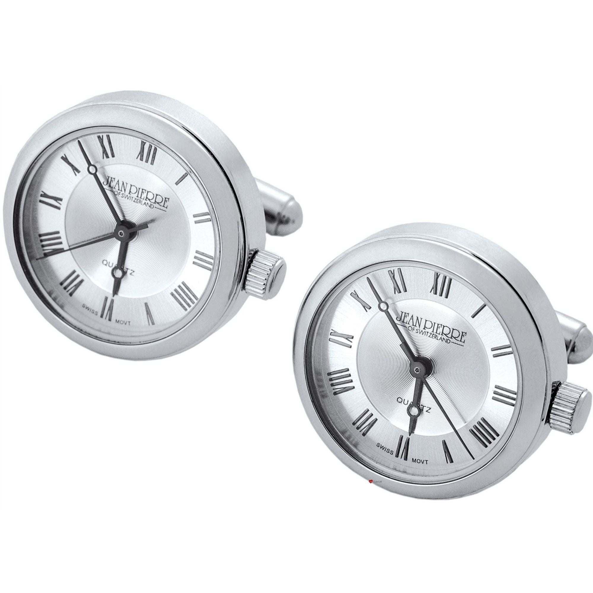 Pair of silver cufflinks with clock face design on a white background