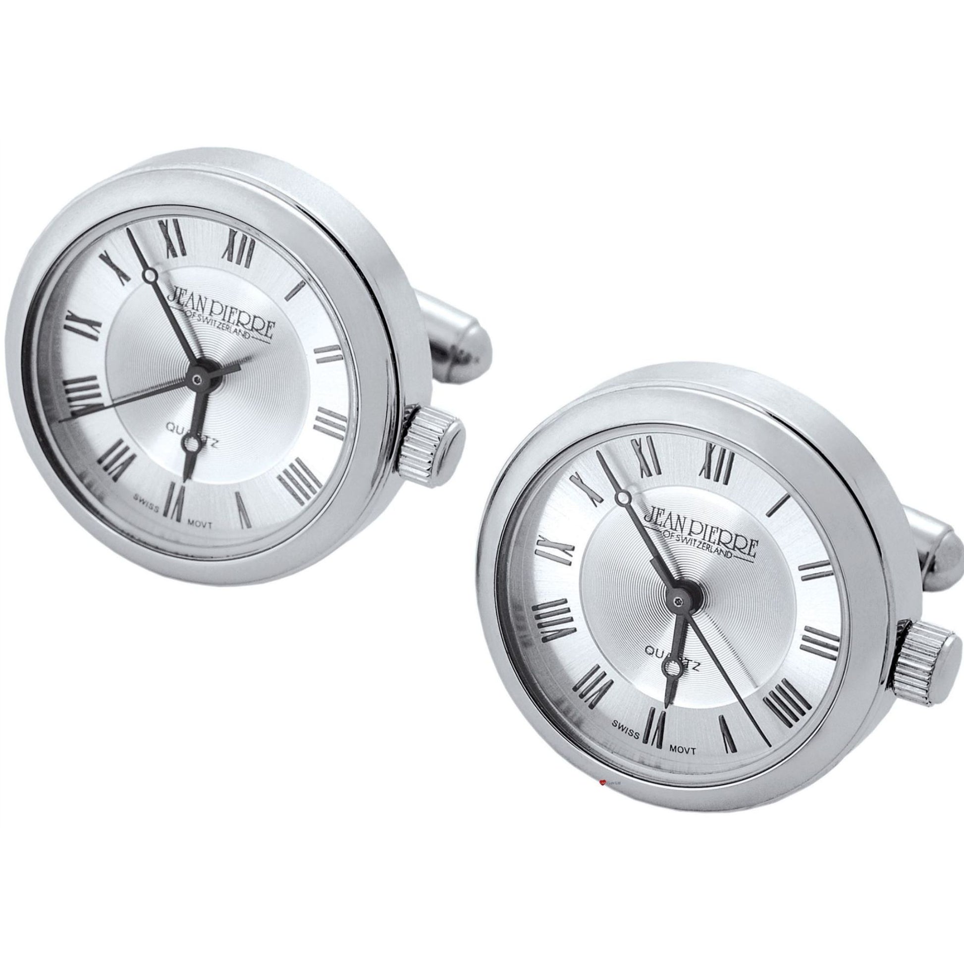 Pair of silver cufflinks with clock face design on a white background