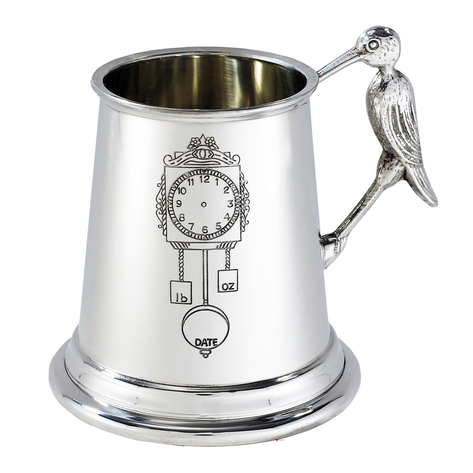 Silver tankard with bird handle on a white background