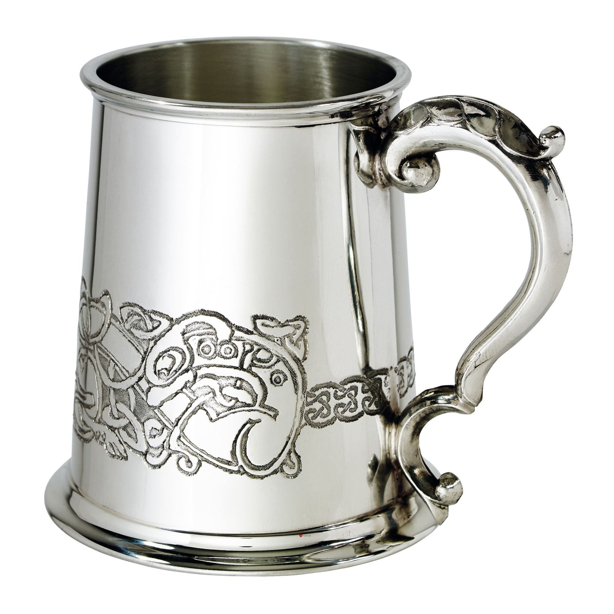 Silver tankard with intricate designs on a white background