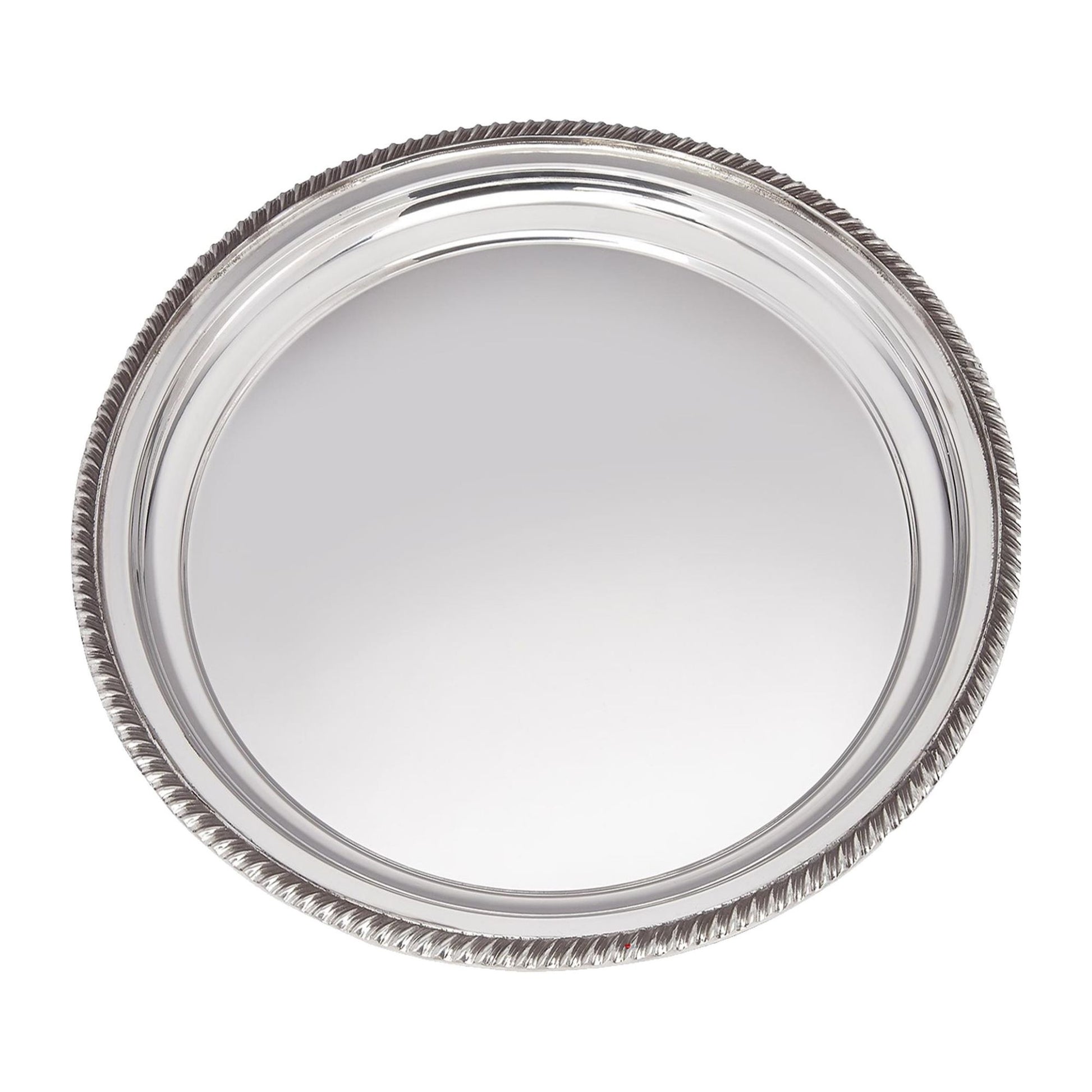 Round silver tray with beaded edge on a white background