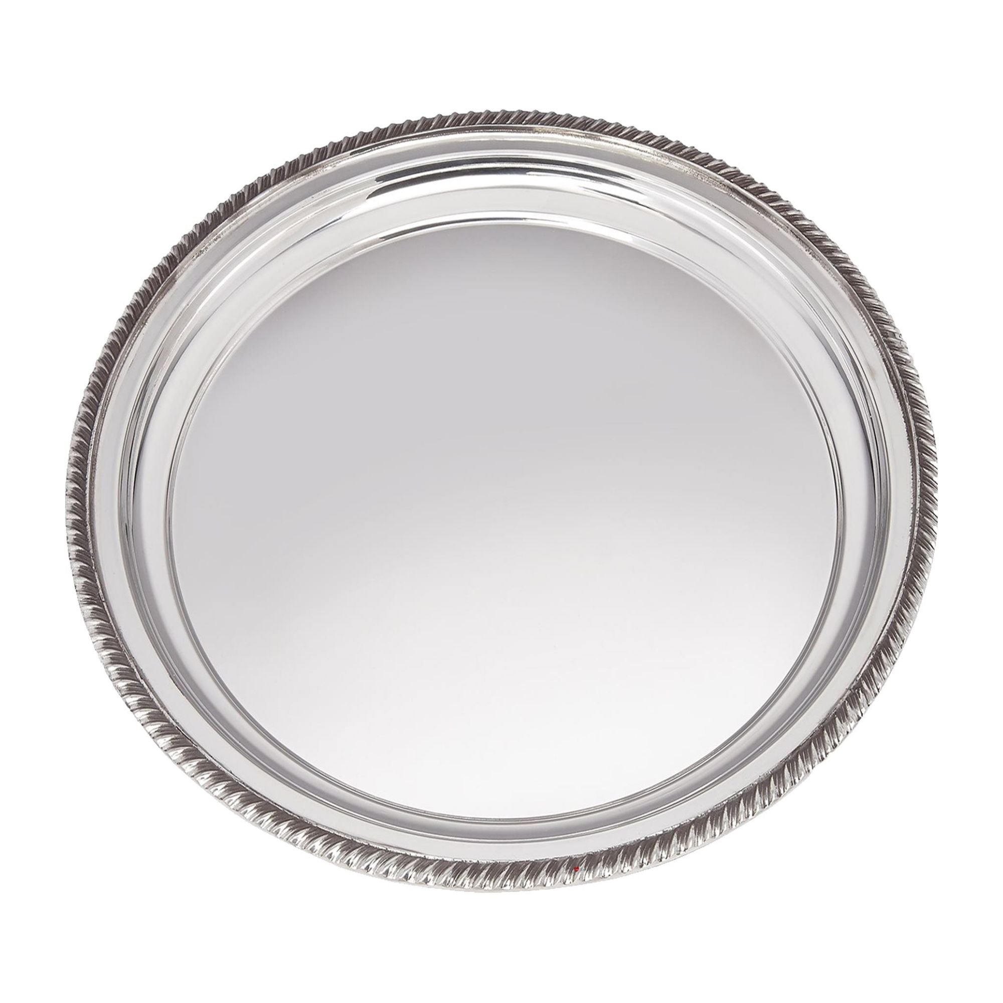 Round silver tray with beaded edge on a white background