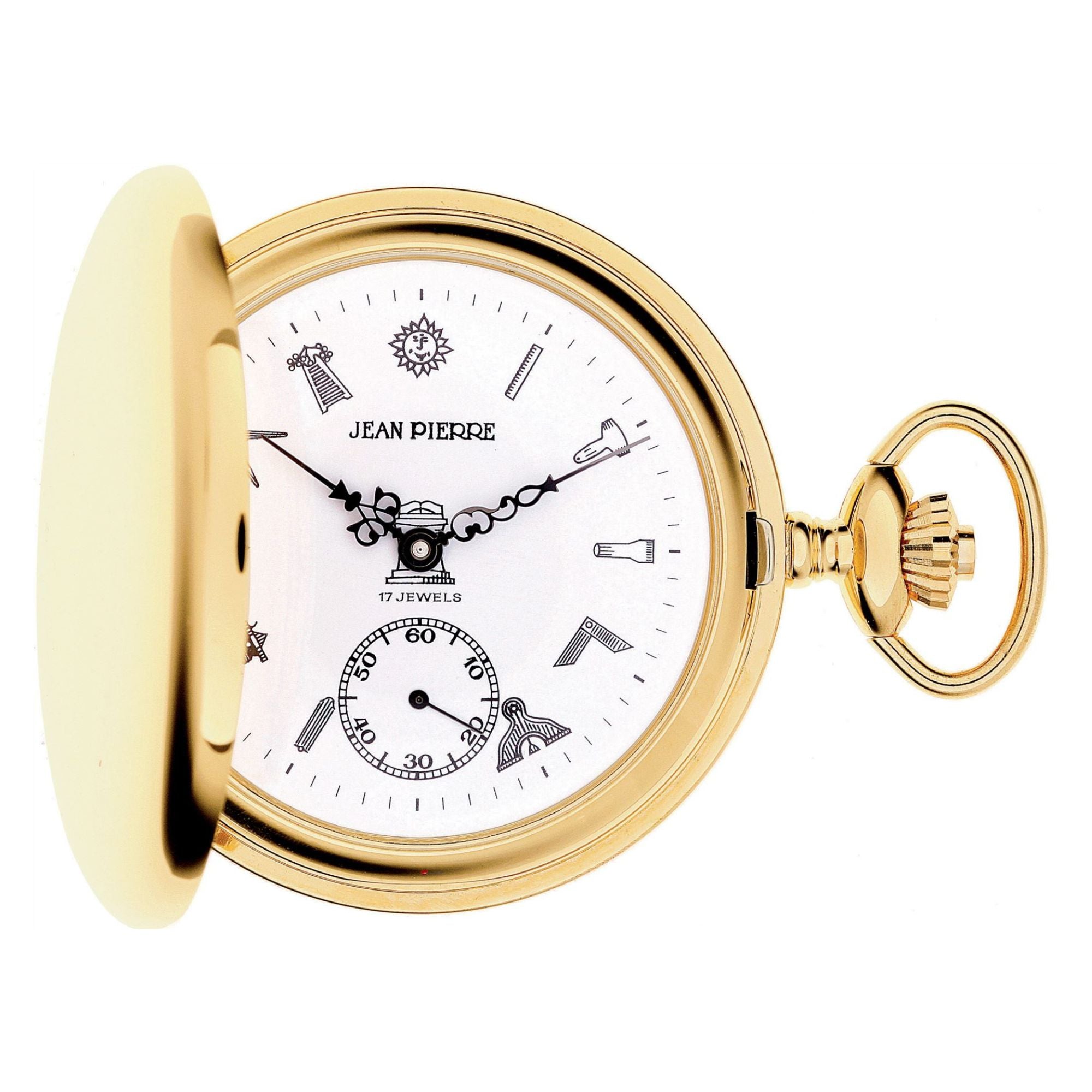 Gold pocket watch with white face displaying 'Jean Pierre' on a white background