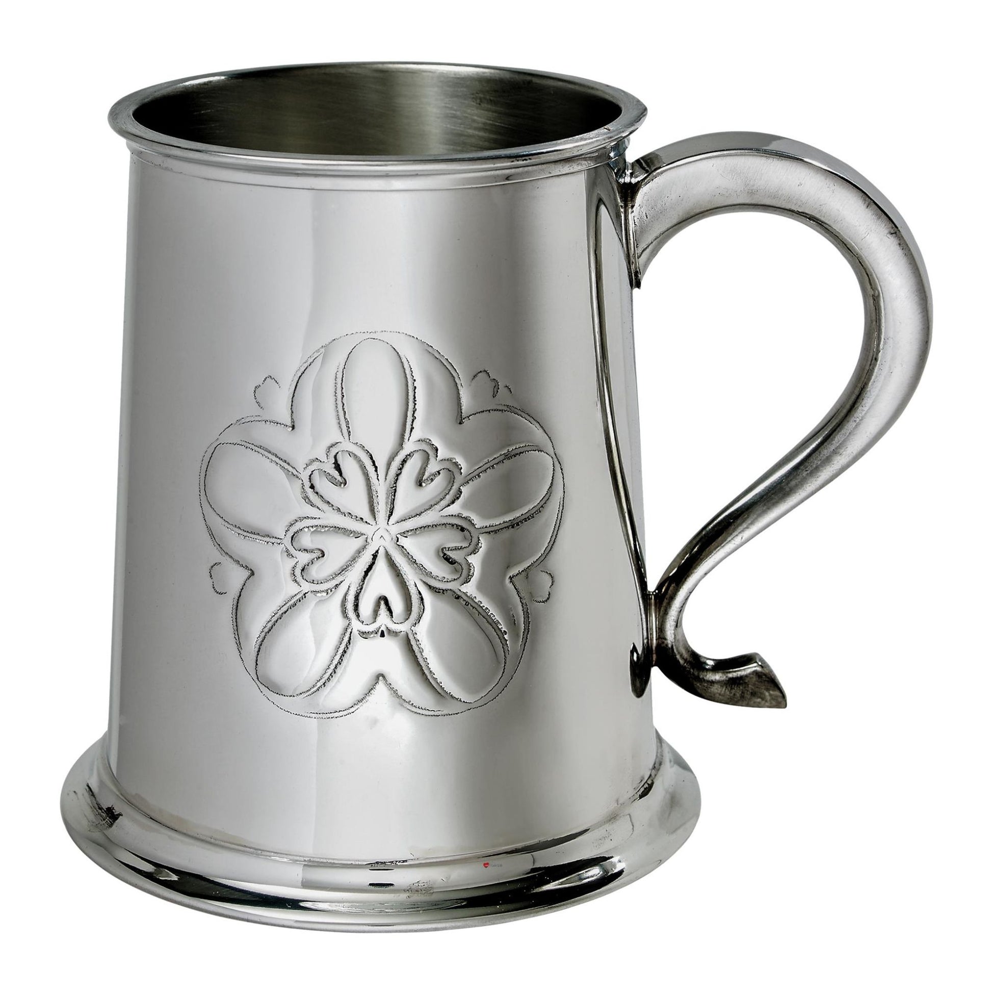 Silver tankard with floral embossing on a white background