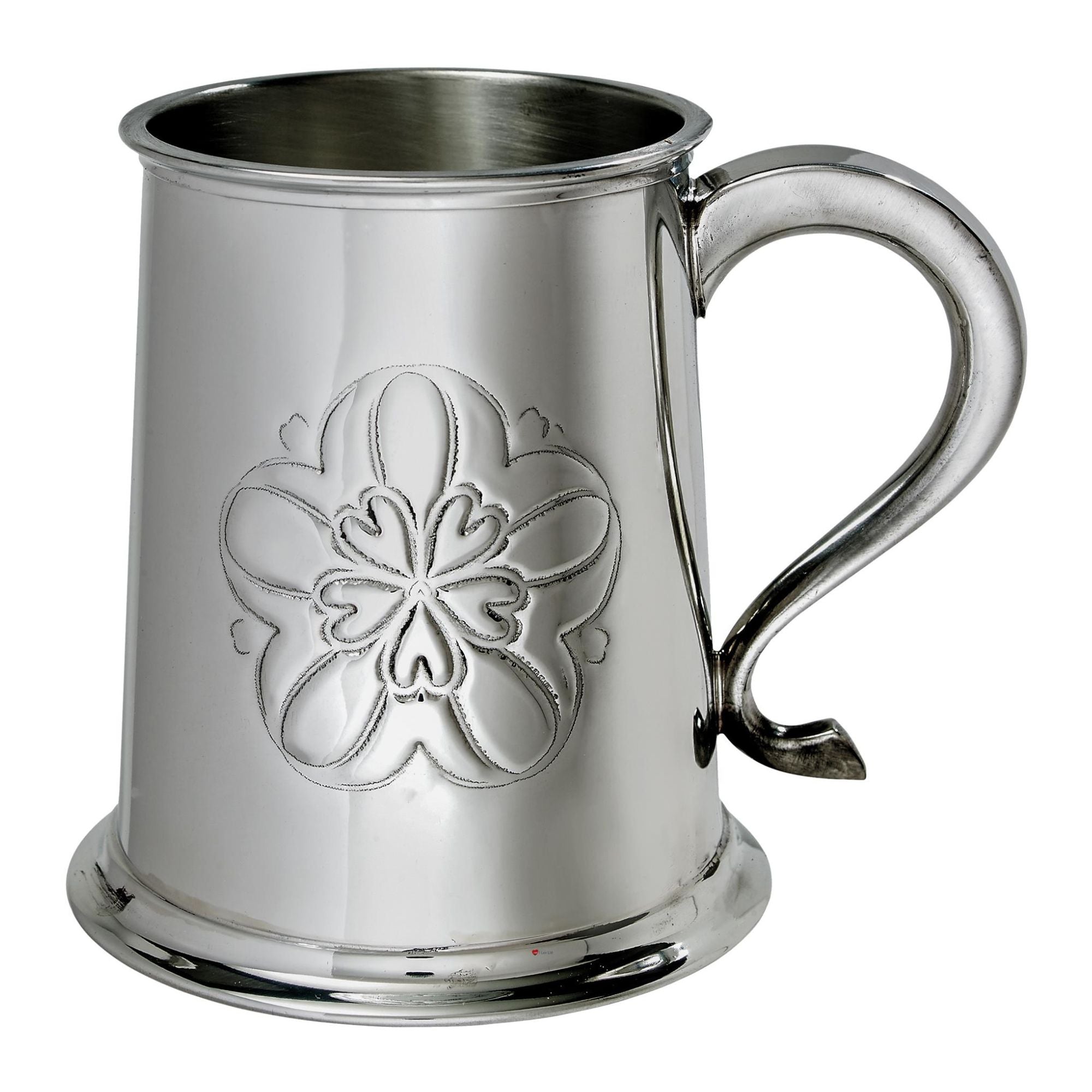 Silver tankard with floral embossing on a white background