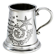 Silver tankard with engraved design and handle on a white background