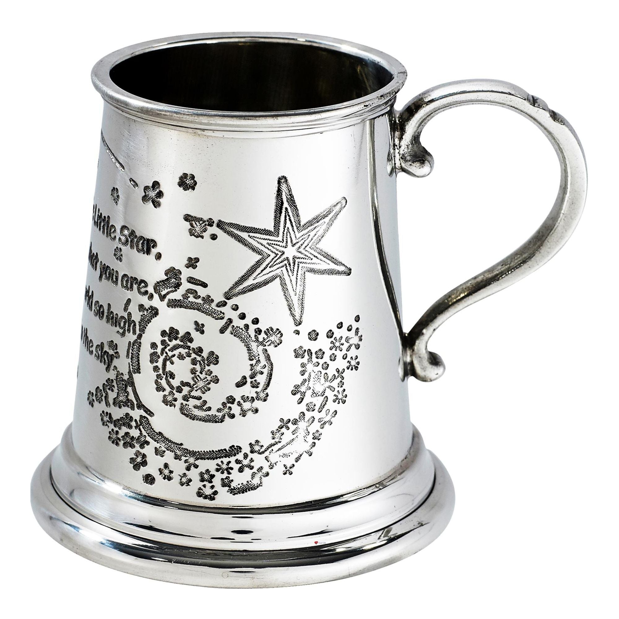 Silver tankard with engraved design and handle on a white background