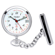 Pocket watch with chain and tie clip on a white background
