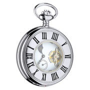 Silver pocket watch with white face and black Roman numerals on a white background