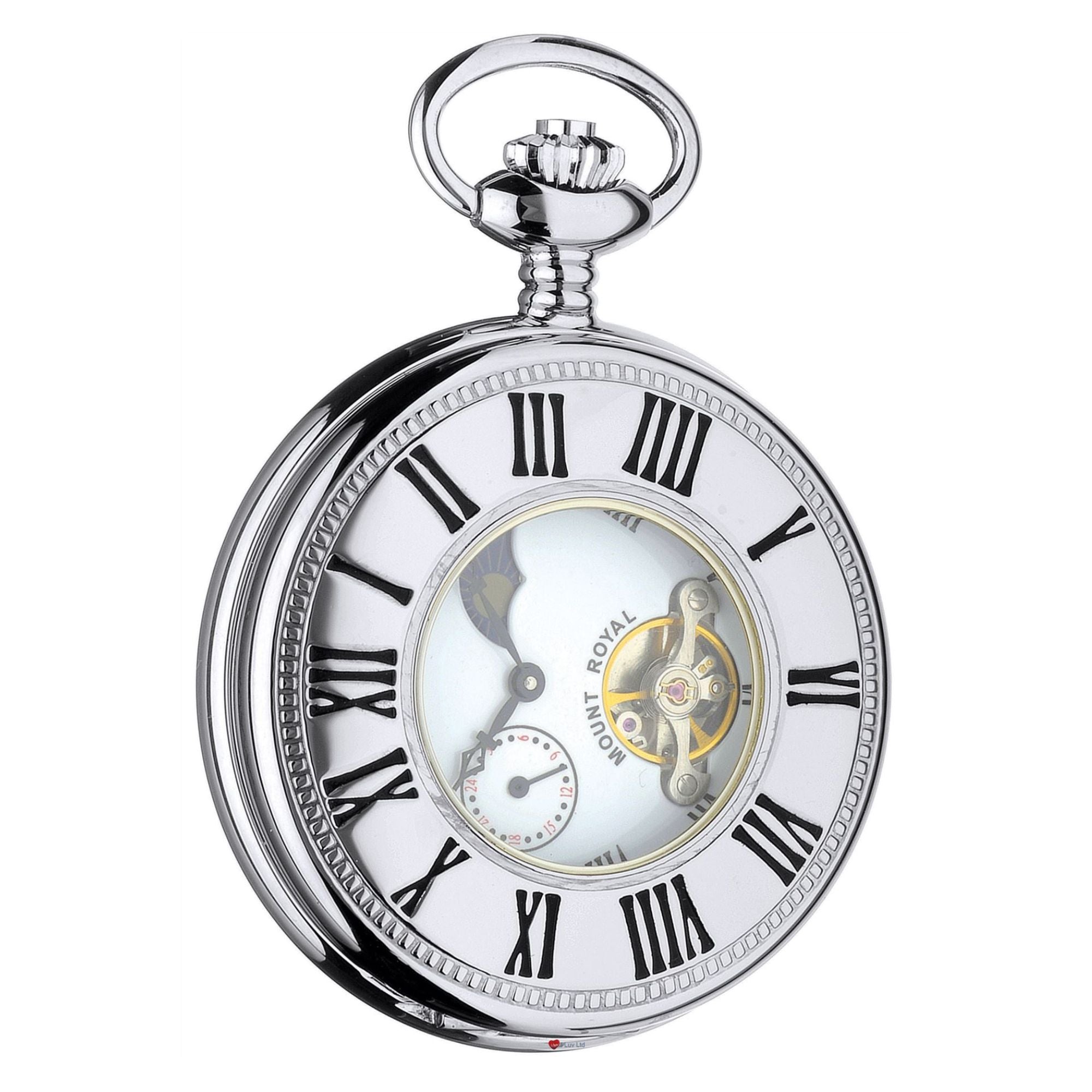 Silver pocket watch with white face and black Roman numerals on a white background