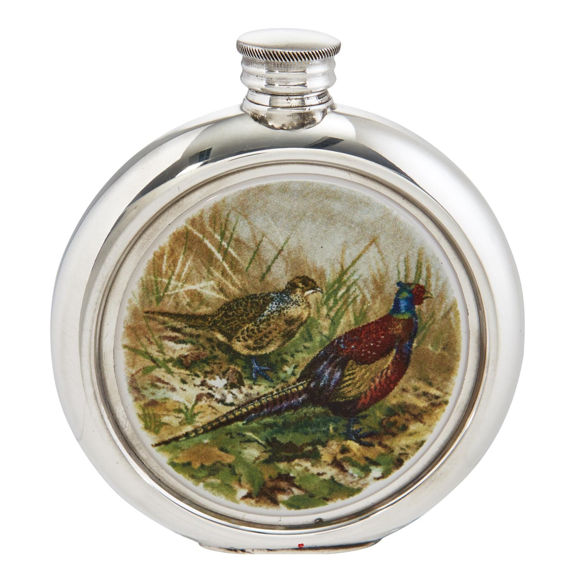 Round 6oz Pewter Flask with Unique Colour Picture Pheasant Bright Polished Screw