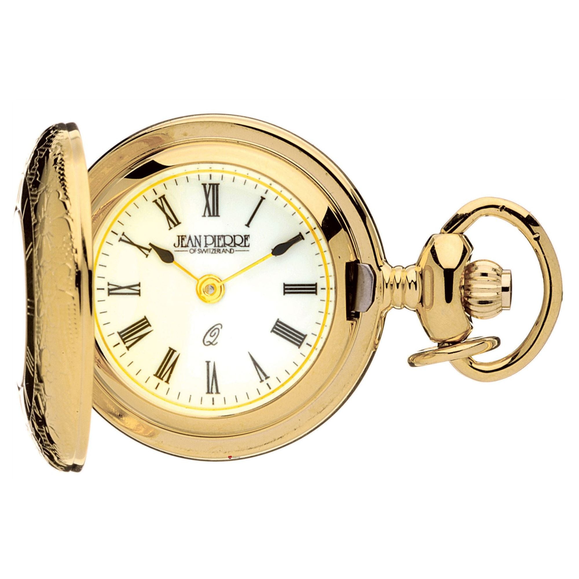 Gold pocket watch with white face and Roman numerals on a white background