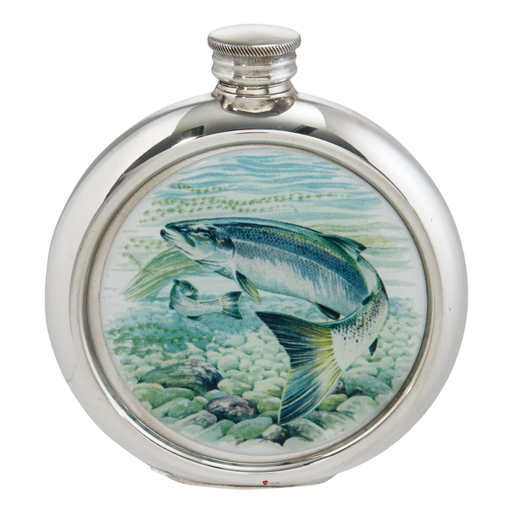 Silver flask with fish design on a white background