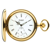 Gold pocket watch with white face and Roman numerals on a white background