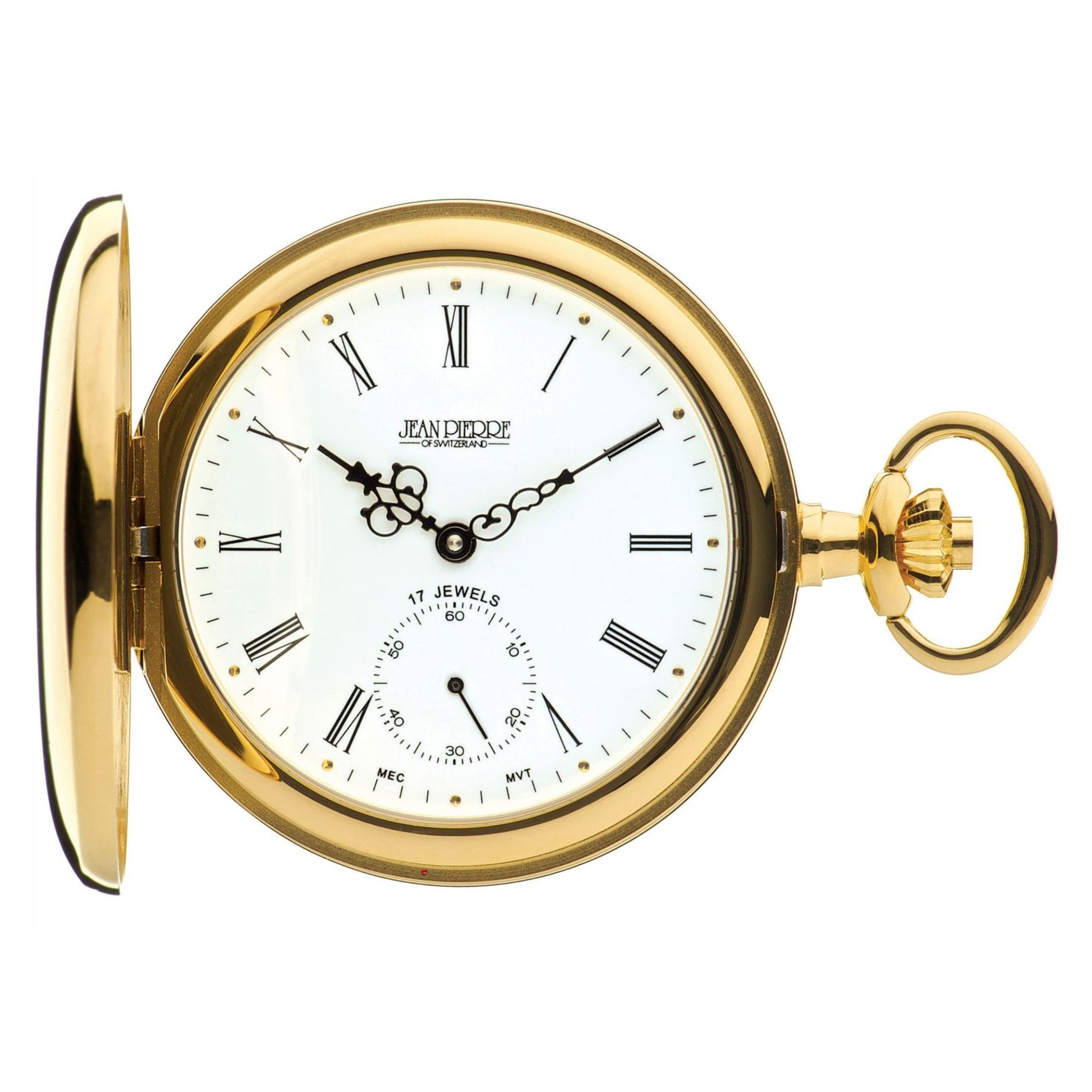 Gold pocket watch with white face and Roman numerals on a white background