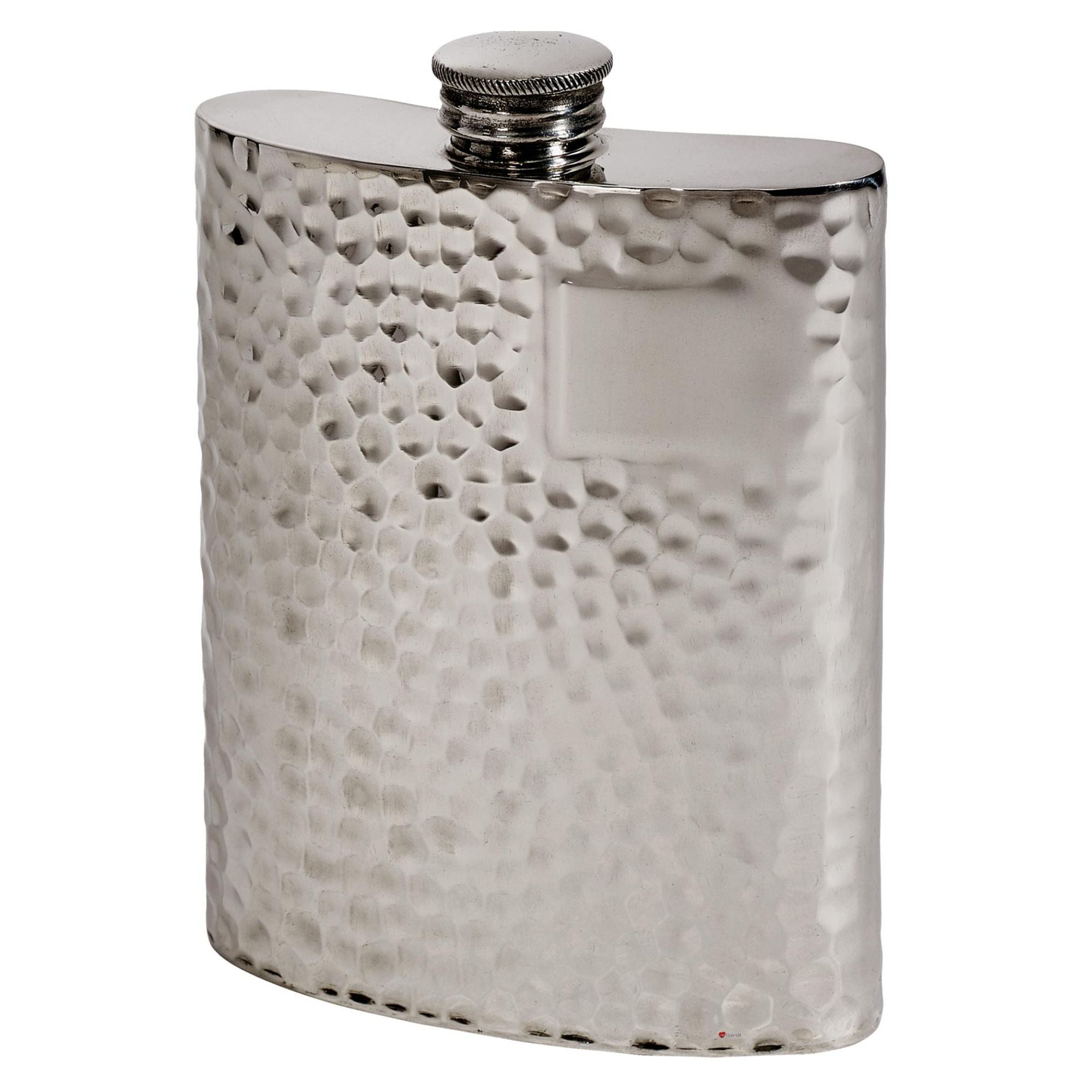 Silver hip flask with textured surface on a white background