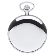 Silver pocket watch with a clear glass cover on a white background