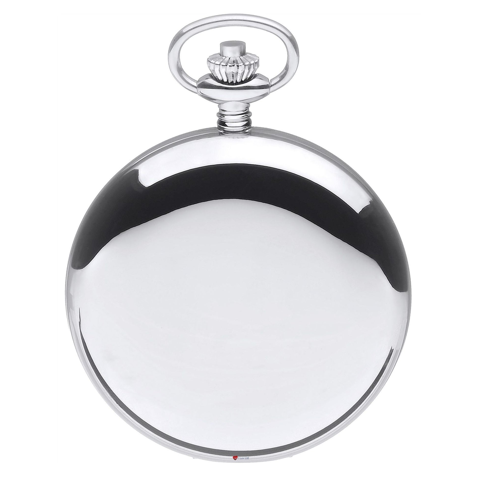 Silver pocket watch with a clear glass cover on a white background