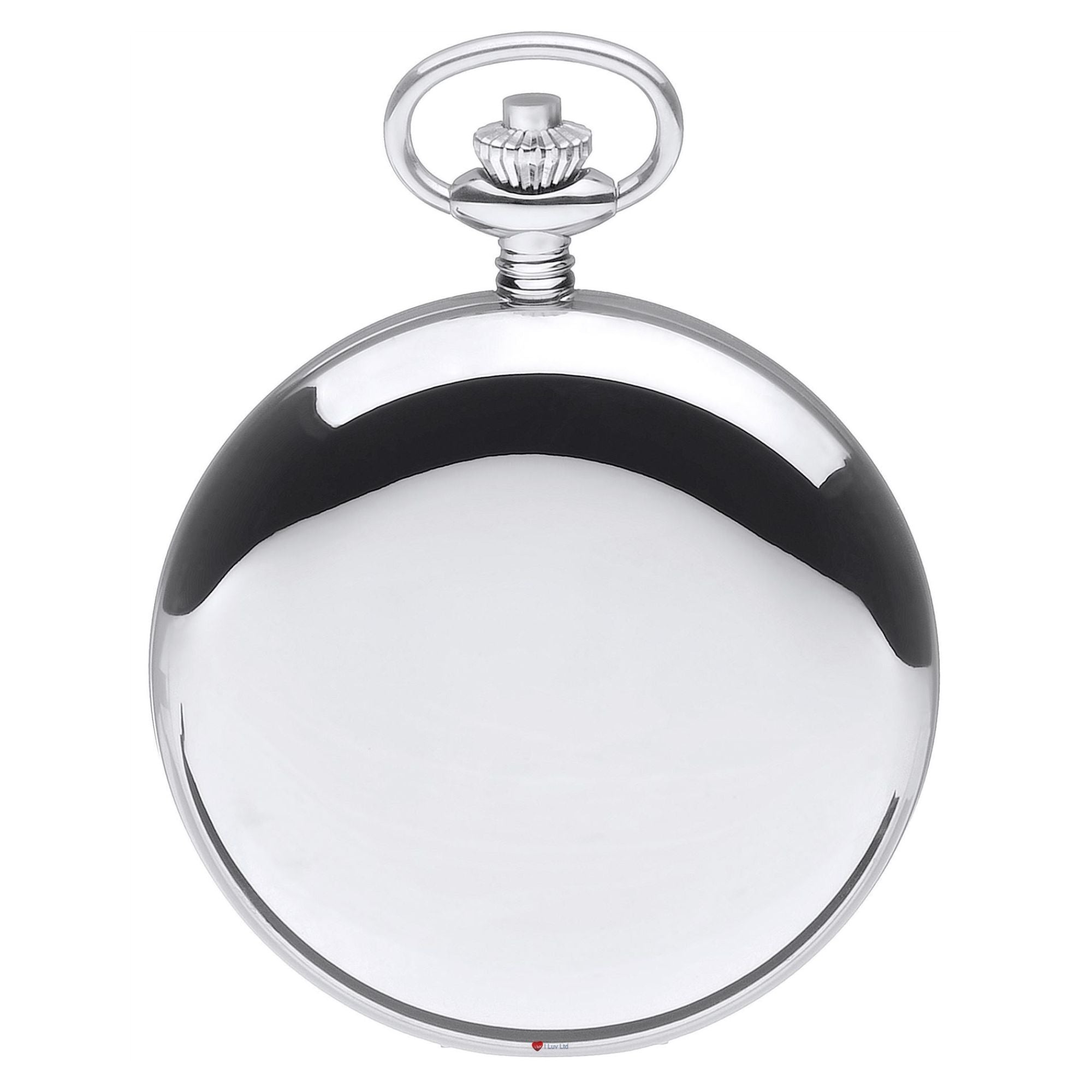 Silver pocket watch with a clear glass cover on a white background
