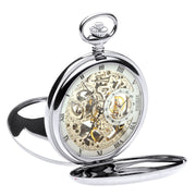 Skeleton Full Double Hunter Pocket Watch 17 Jewelled Mechanical Chromed