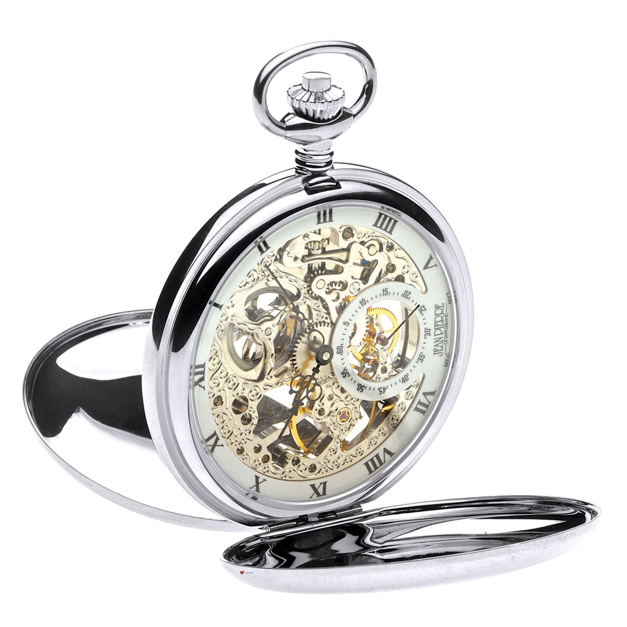 Skeleton Full Double Hunter Pocket Watch 17 Jewelled Mechanical Chromed