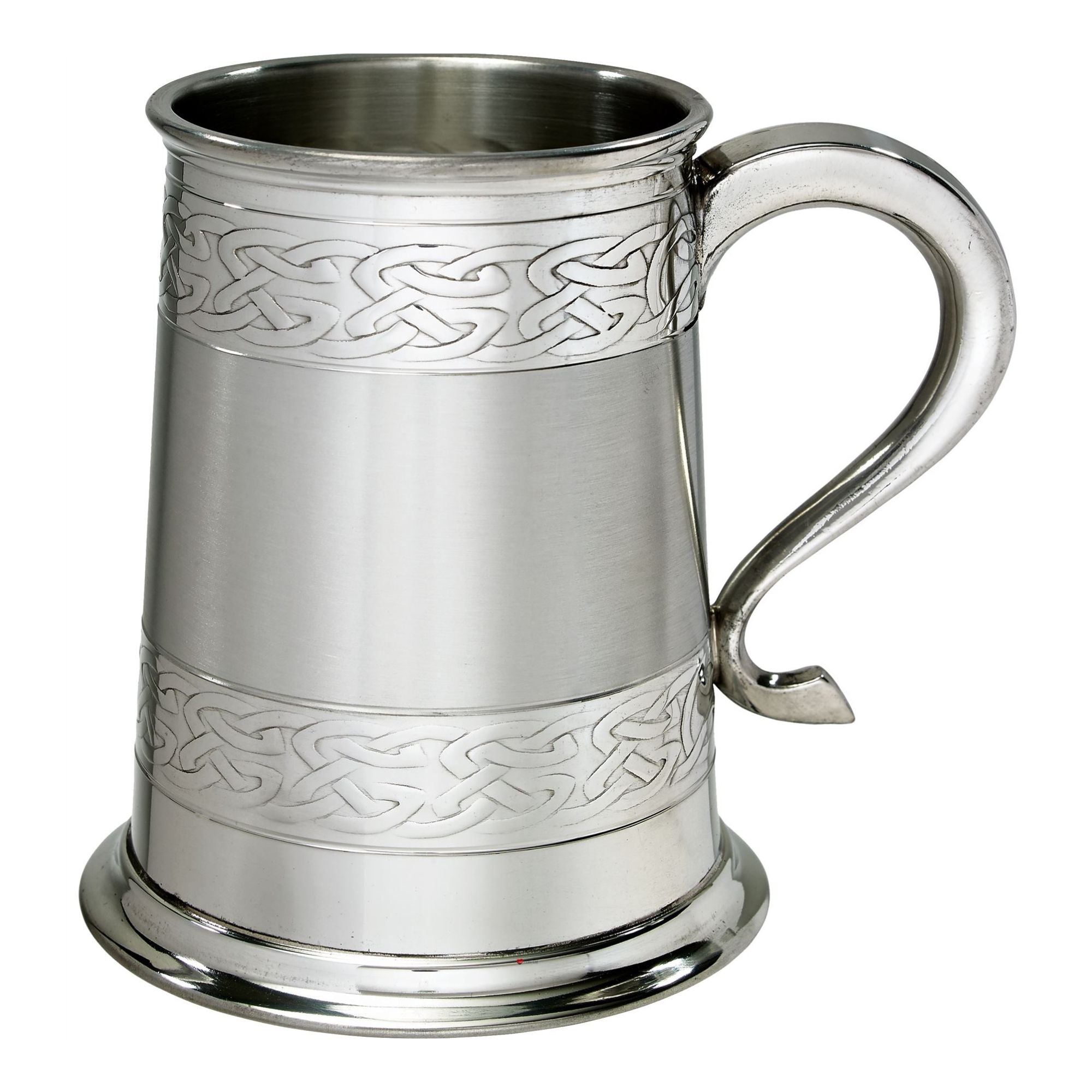 Silver tankard with Celtic knot patterns on a white background