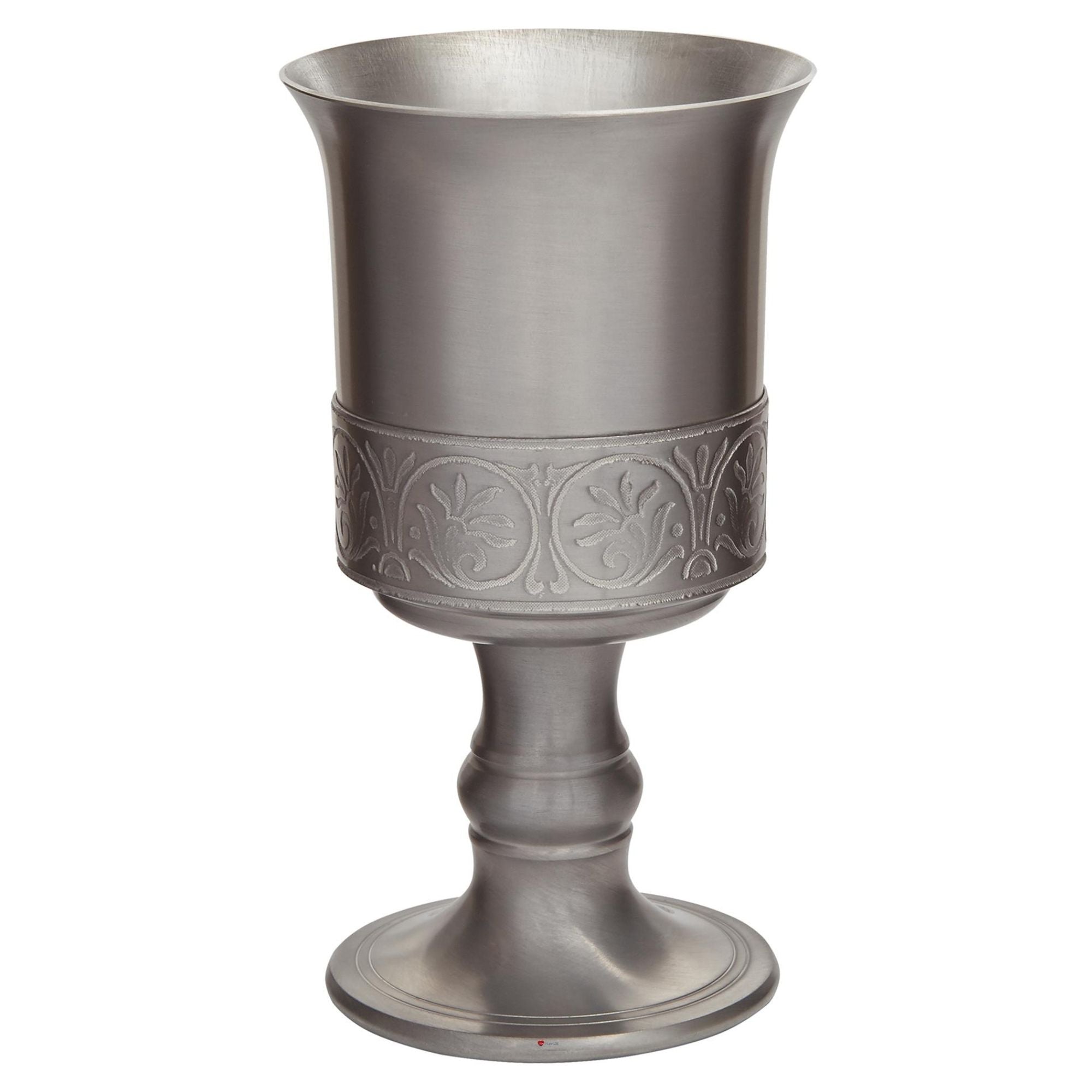 Silver goblet with intricate designs on a white background