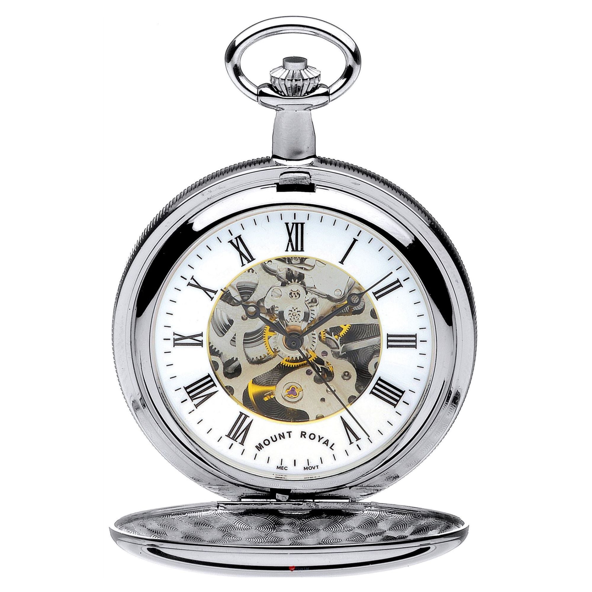 Pocket Watch Skeleton Full Double Hunter Chromed Polished 17 Jewel Mechanical