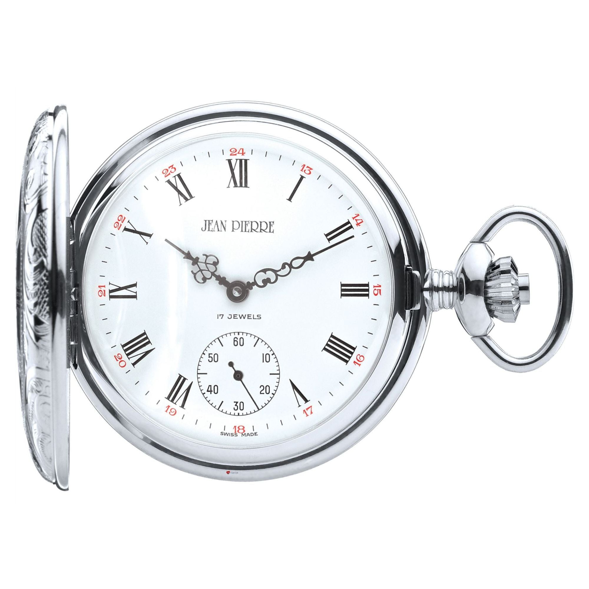 Pocket Watch Ornate Half Hunter 17 Jewel Mechanical Chrome