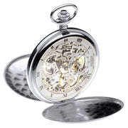 Silver pocket watch with open face showing mechanical components on a white background