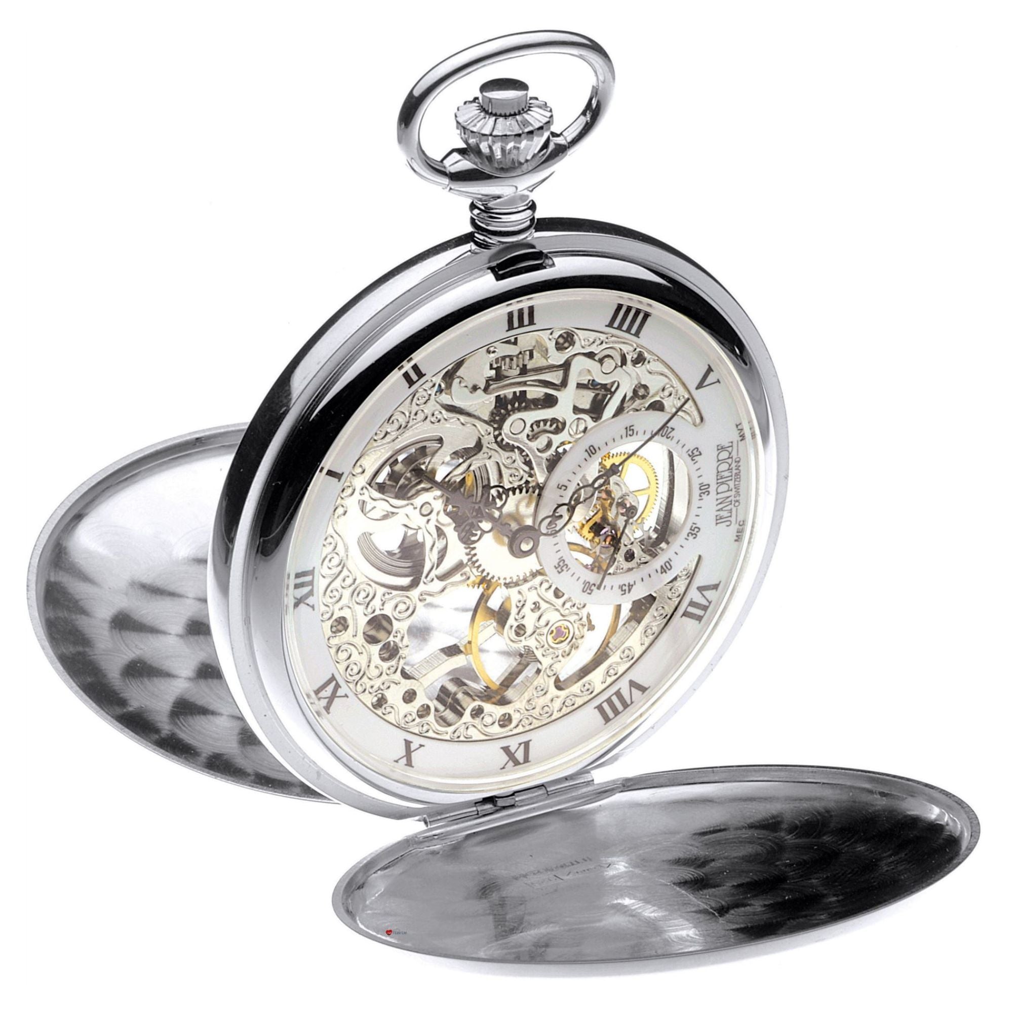 Silver pocket watch with open face showing mechanical components on a white background