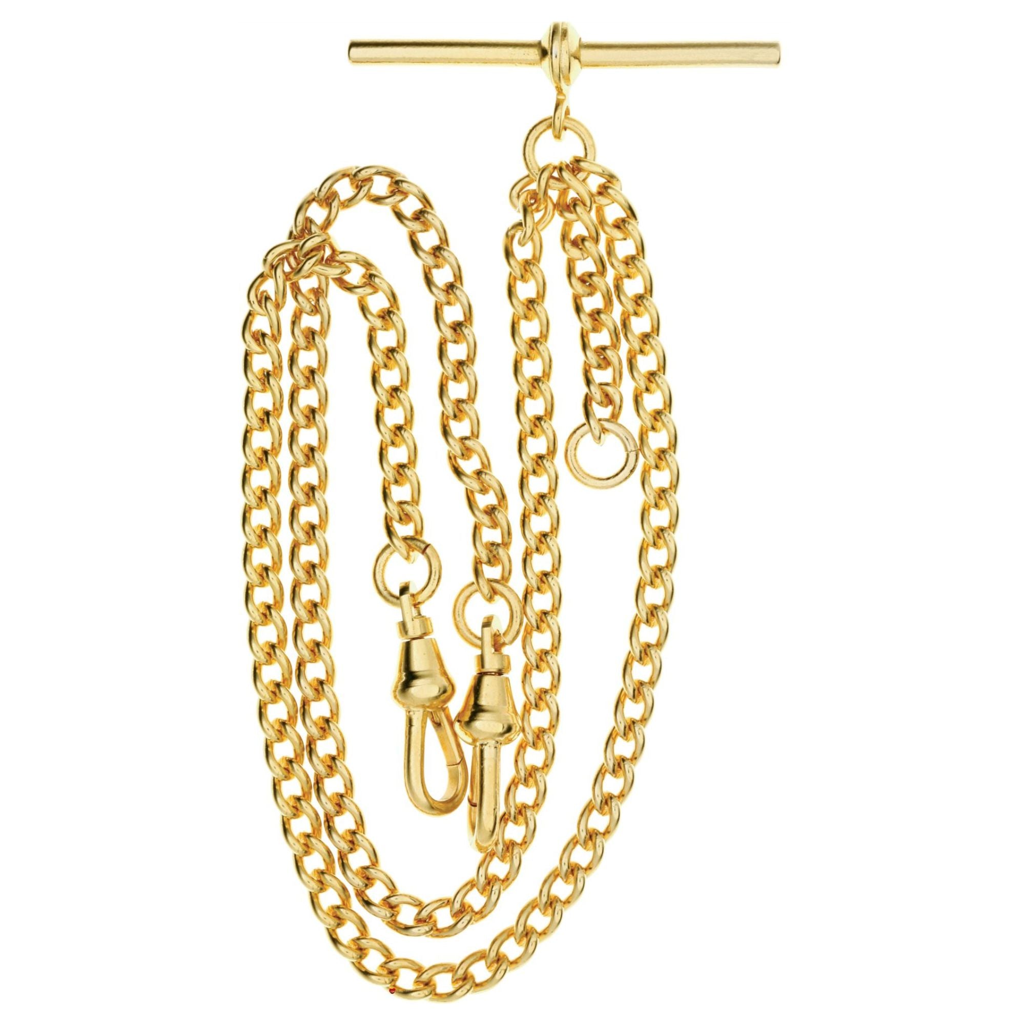 Gold chain necklace with clasp on a white background