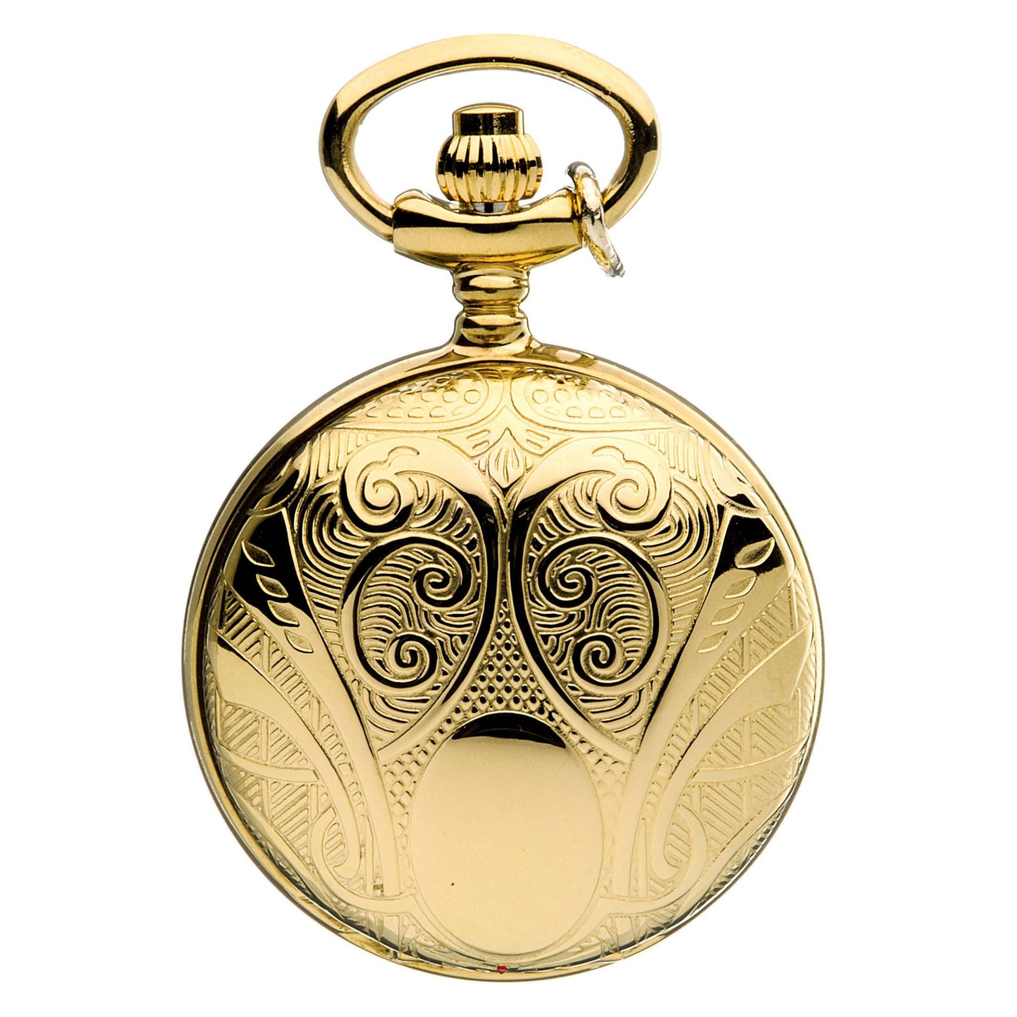 Gold pocket watch with intricate designs on a white background