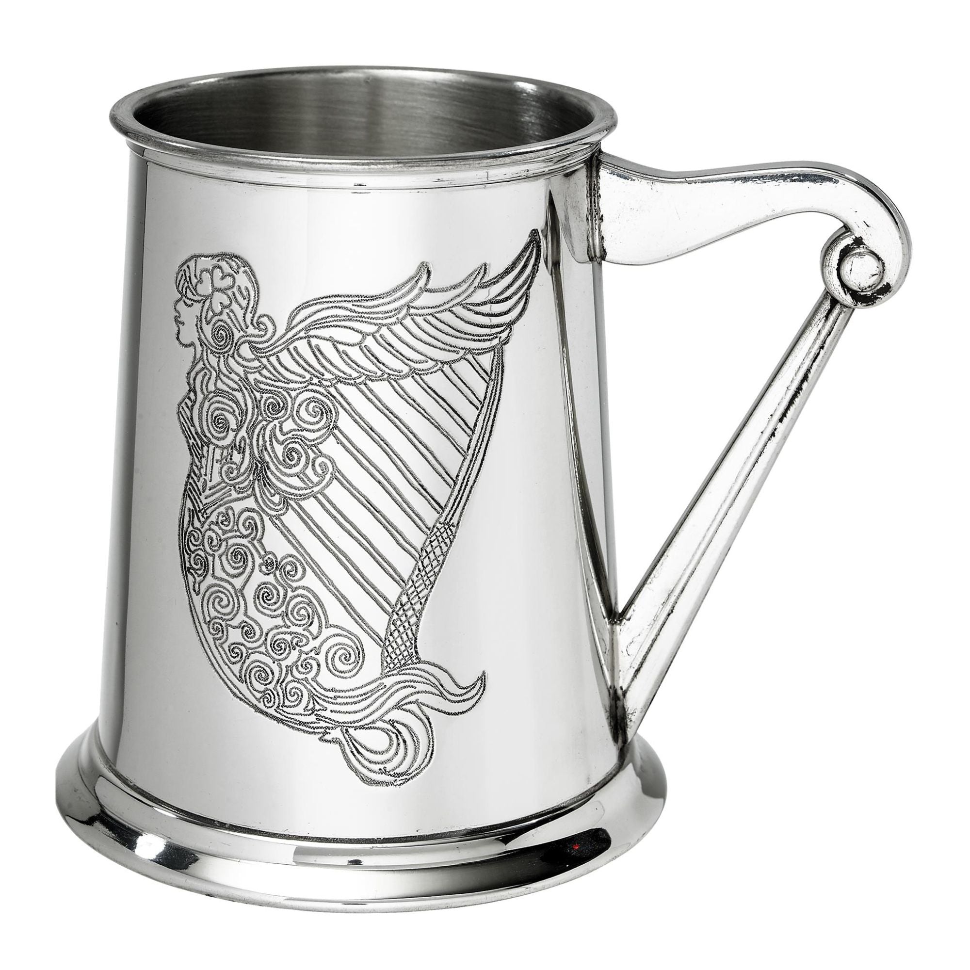 Silver tankard with a decorative design of a harp and mermaid on a white background