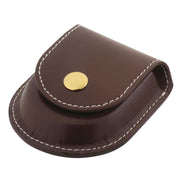 Brown leather pouch with a gold button on a white background