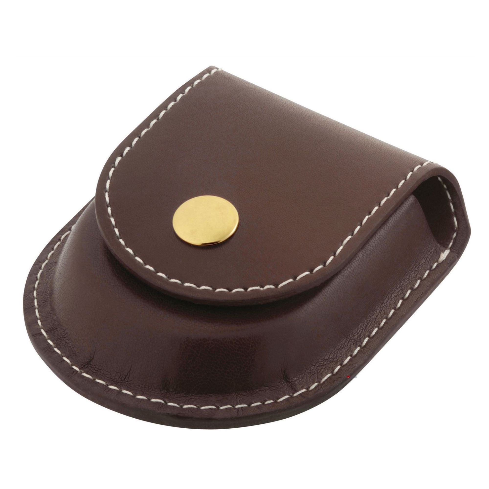 Brown leather pouch with a gold button on a white background
