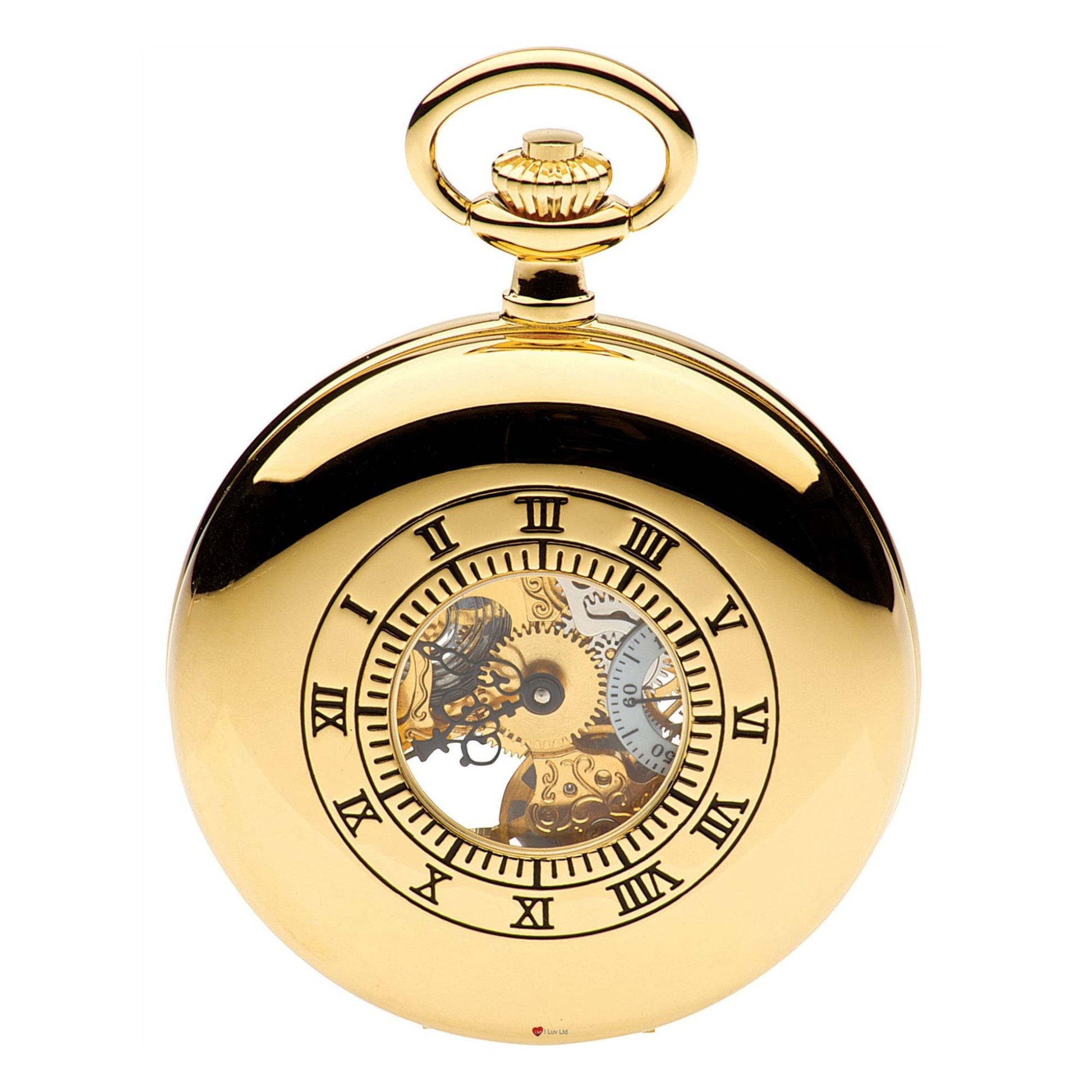 Gold pocket watch with intricate design on a white background