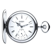 Silver pocket watch with white face and Roman numerals on a white background
