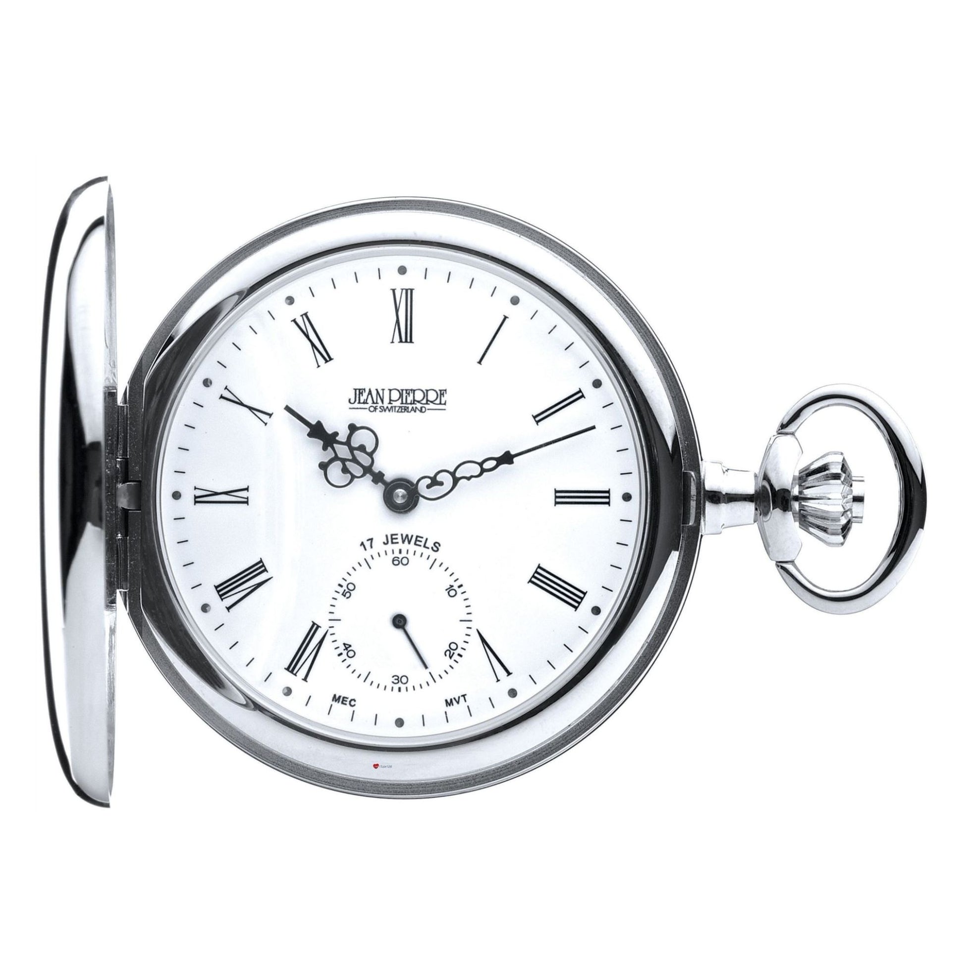 Silver pocket watch with white face and Roman numerals on a white background