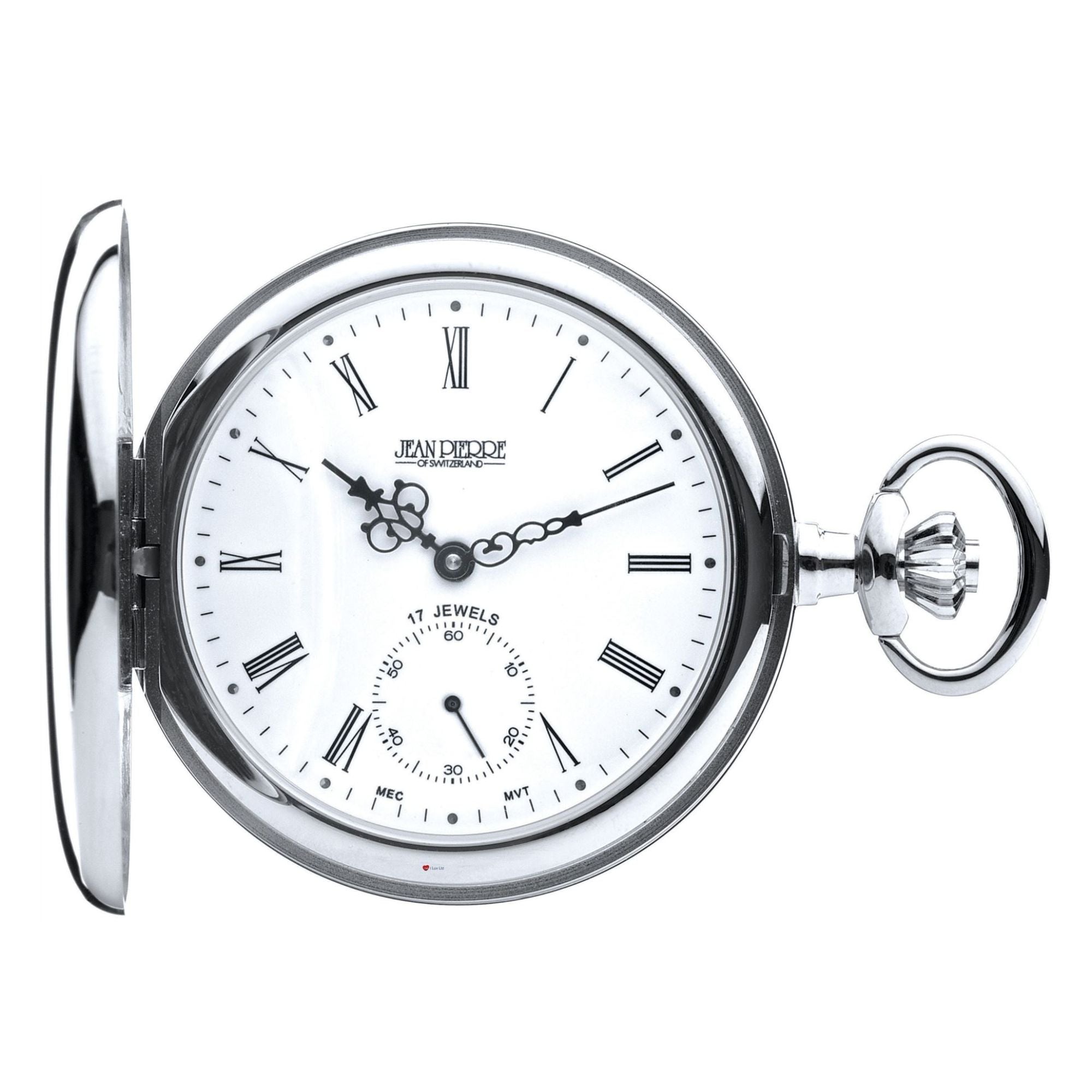 Silver pocket watch with white face and Roman numerals on a white background