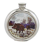 Silver flask with a design of two bears in a snowy landscape on a white background