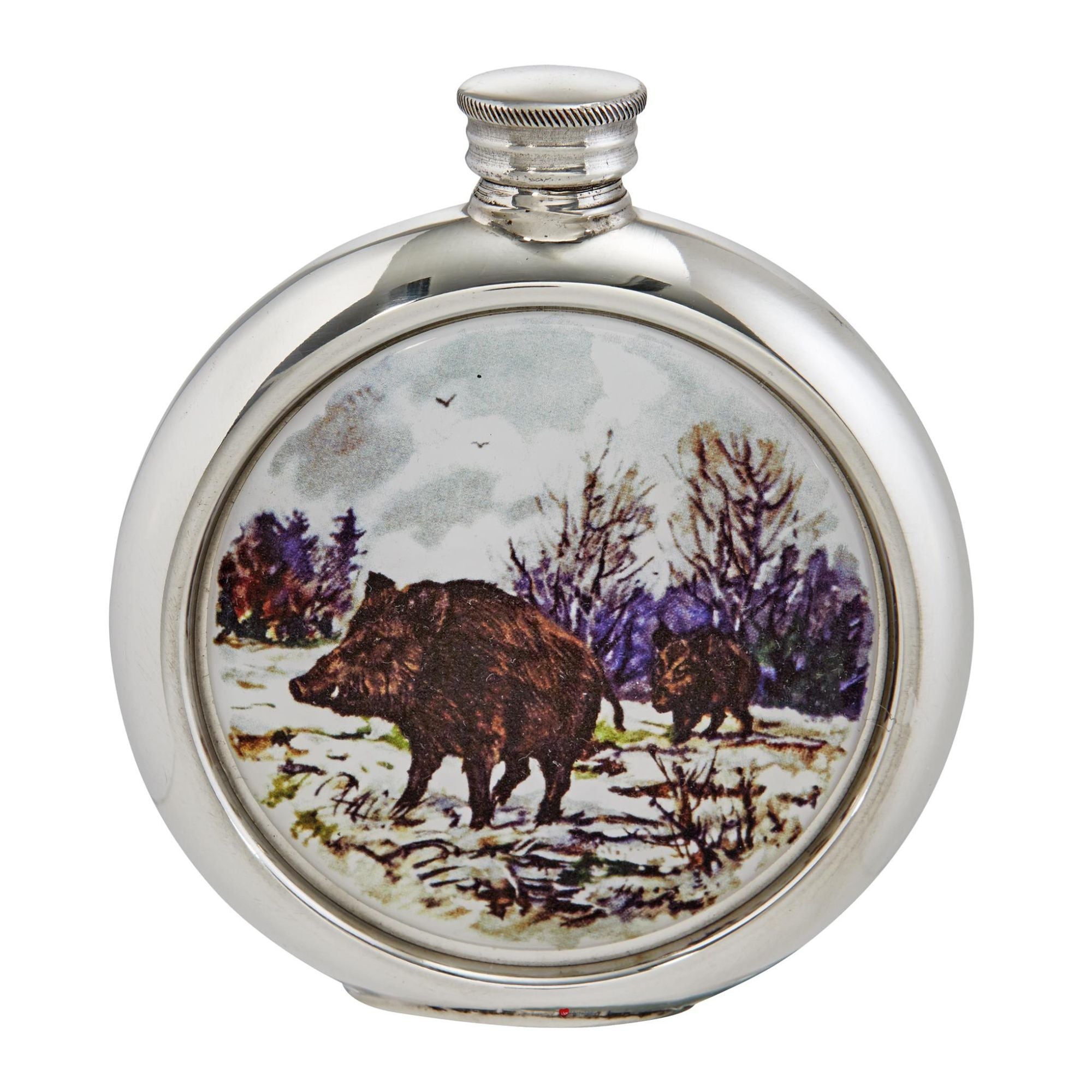 Silver flask with a design of two bears in a snowy landscape on a white background